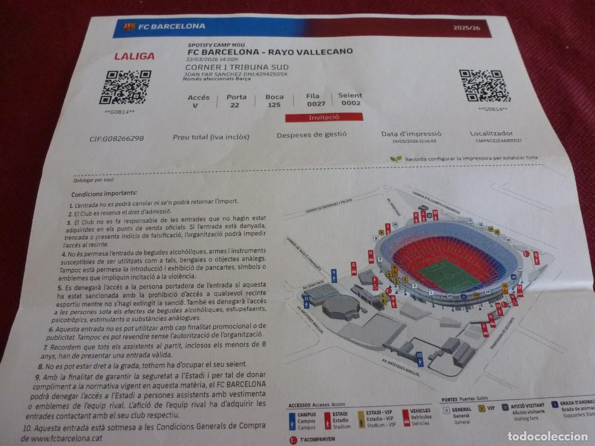 Coleccionismo deportivo: (LLL) ENTRADA FUTBOL LIGA 2025-25 SPOTIFY CAMP NOU FC BARCELONA -RAYO VALLECANO