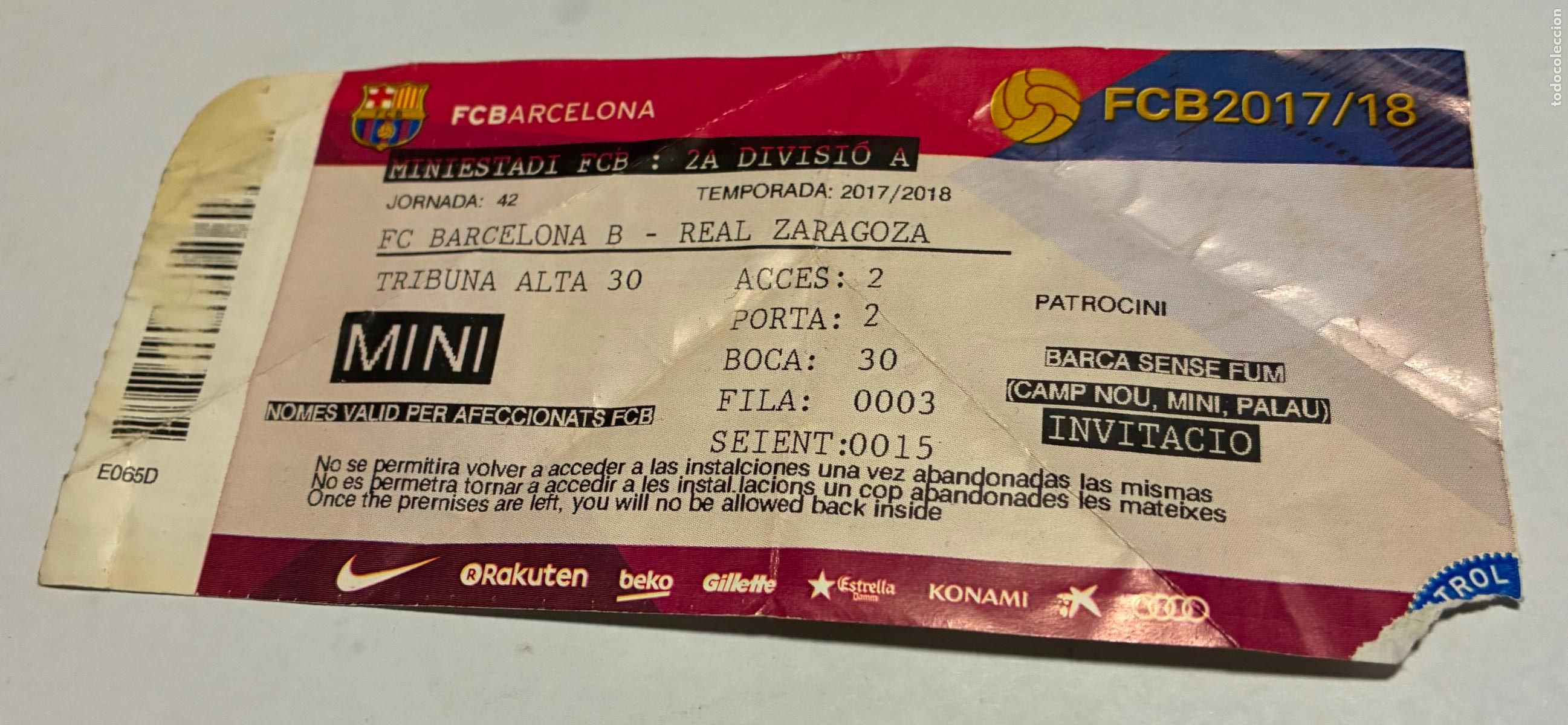 Coleccionismo deportivo: ENTRADA FUTBOL MINIESTADI, FC BARCELONA B, REAL ZARAGOZA, 2017-2018