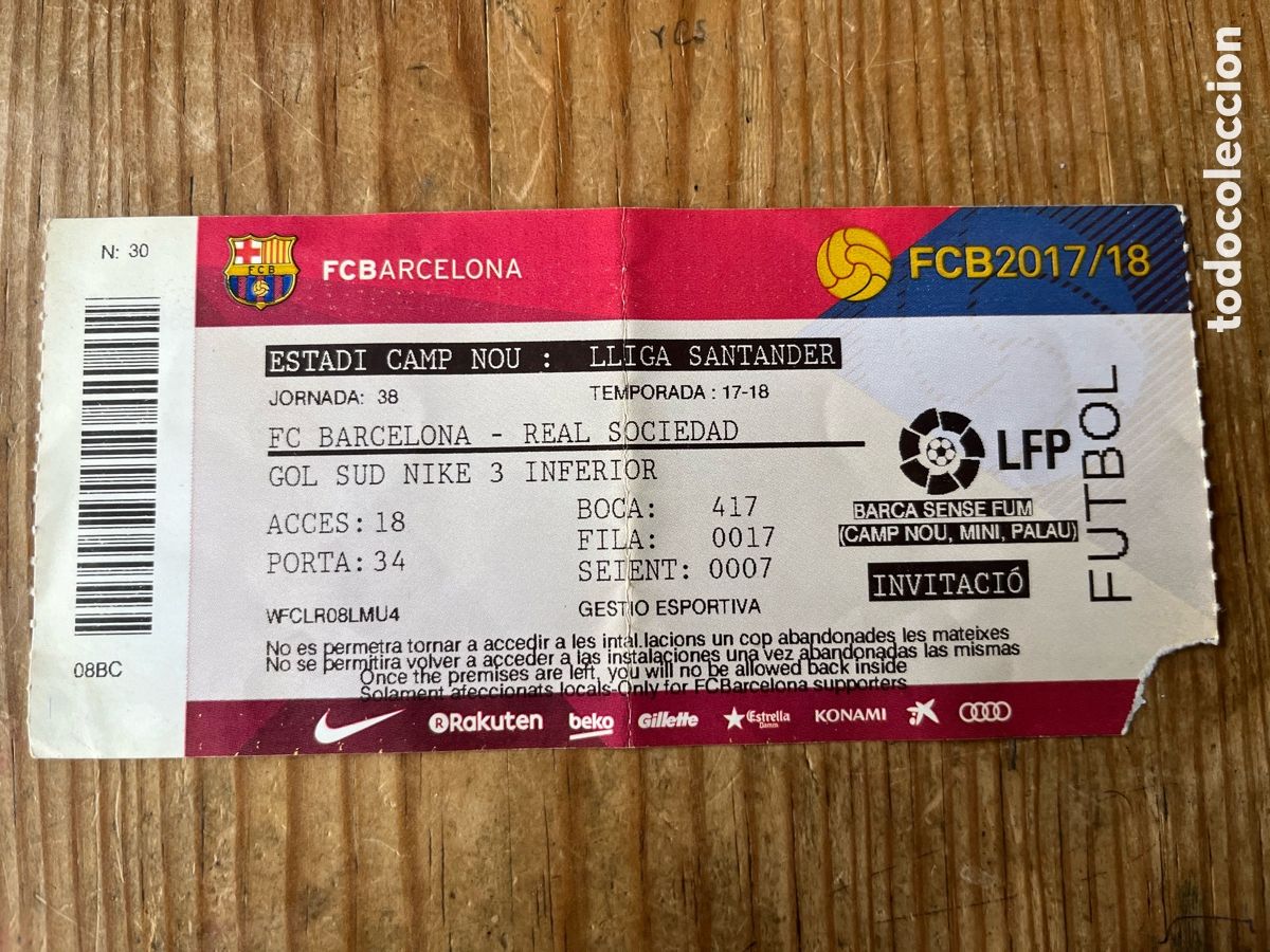 Coleccionismo deportivo: R31834 ENTRADA BARCELONA 1-0 REAL SOCIEDAD LIGA TEMPORADA 2017 2018 ULTIMO PARTIDO ANDRES INIESTA