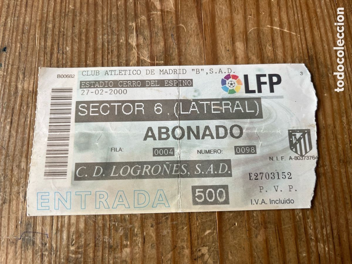 Coleccionismo deportivo: R31839 ENTRADA TICKET FUTBOL ATLETICO MADRID B 0-1 LOGRO&Ntilde;ES LIGA TEMPORADA 1999 2000