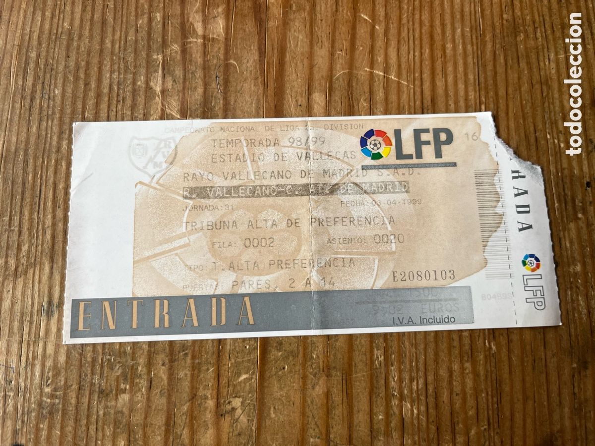 Coleccionismo deportivo: R31846 ENTRADA TICKET FUTBOL RAYO VALLECANO 3-0 ATLETICO MADRID B MADRILE&Ntilde;O LIGA TEMPORADA 1998 1999