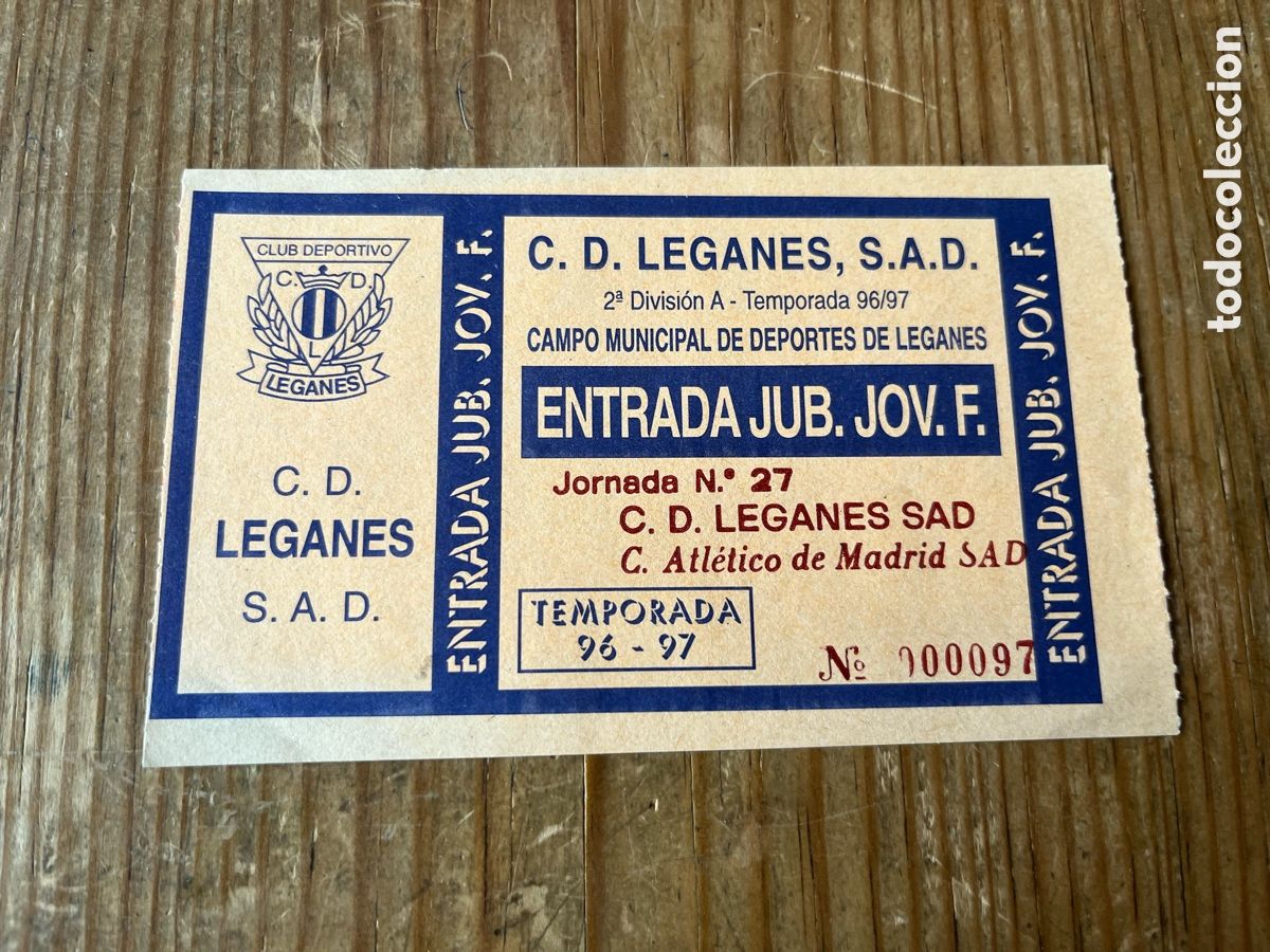 Coleccionismo deportivo: R31847 ENTRADA TICKET FUTBOL LEGANES 0-1 ATLETICO MADRID B MADRILE&Ntilde;O LIGA TEMPORADA 1996 1997