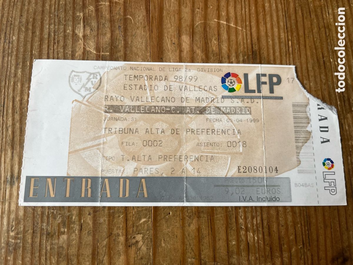 Coleccionismo deportivo: R31848 ENTRADA TICKET FUTBOL RAYO VALLECANO 3-0 ATLETICO MADRID B MADRILE&Ntilde;O LIGA TEMPORADA 1998 1999