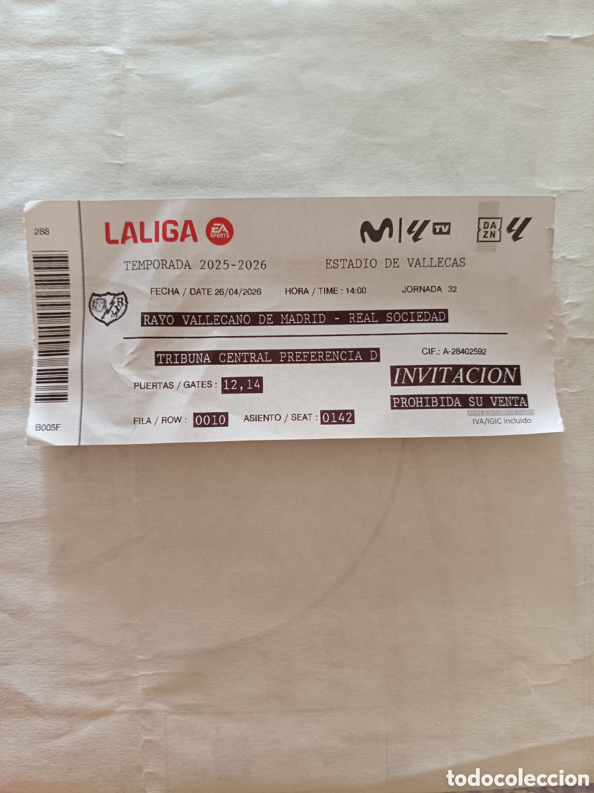 Coleccionismo deportivo: Ticket entrada Rayo vallecano - Real Sociedad San Sebasti&aacute;n La Liga 25/26 26-04-2026