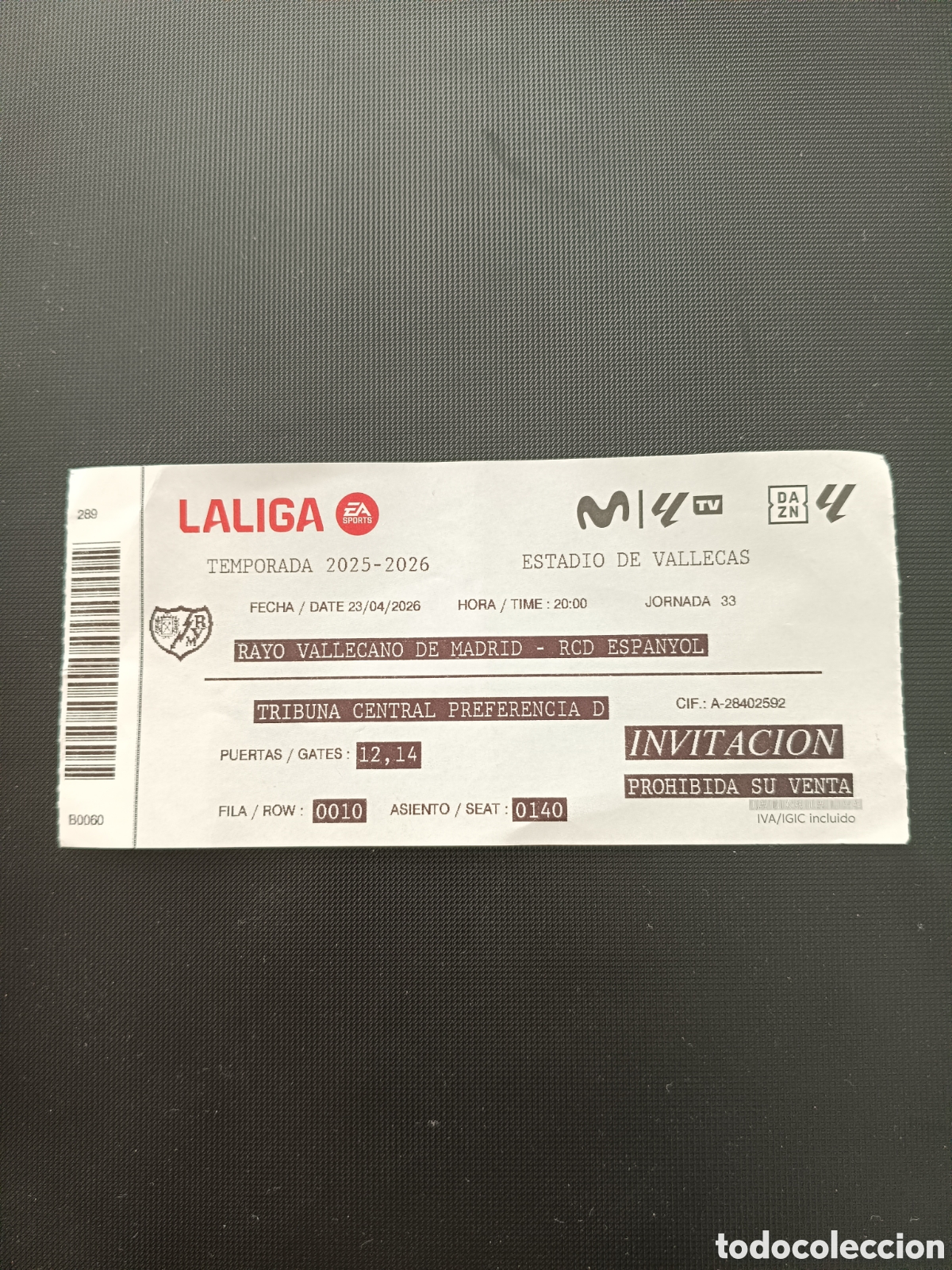 Coleccionismo deportivo: Entrada usada Rayo Vallecano - Espanyol de Barcelona 23/04/2026 La liga