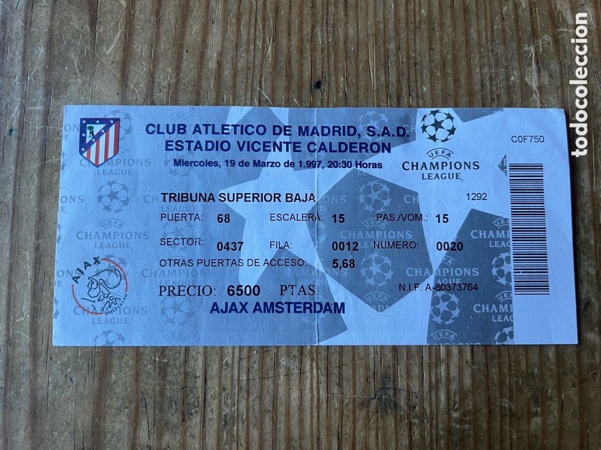 Coleccionismo deportivo: R31852 ENTRAADA TICKET FUTBOL ATLETICO MADRID 2-3 AJAX AMSTERDAM CHAMPIONS 1996 1997
