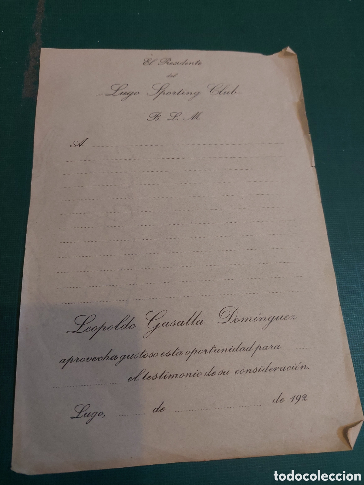 Coleccionismo deportivo: LUGO DOCUMENTO SPORTIN CLUB PRESIDENTE LEOPOLDO GASALLA DOMINGUEZ 1922