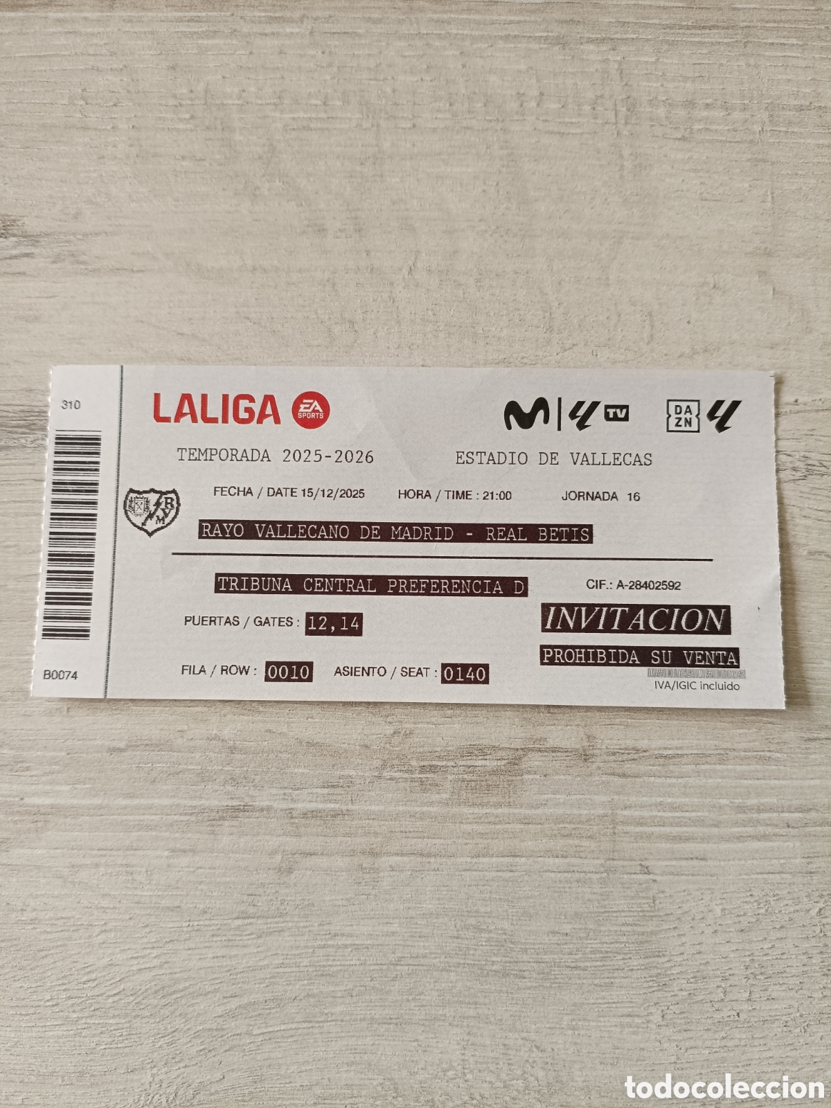 Coleccionismo deportivo: Entrada usada Rayo Vallecano - Real Betis 15/12/2025 La liga