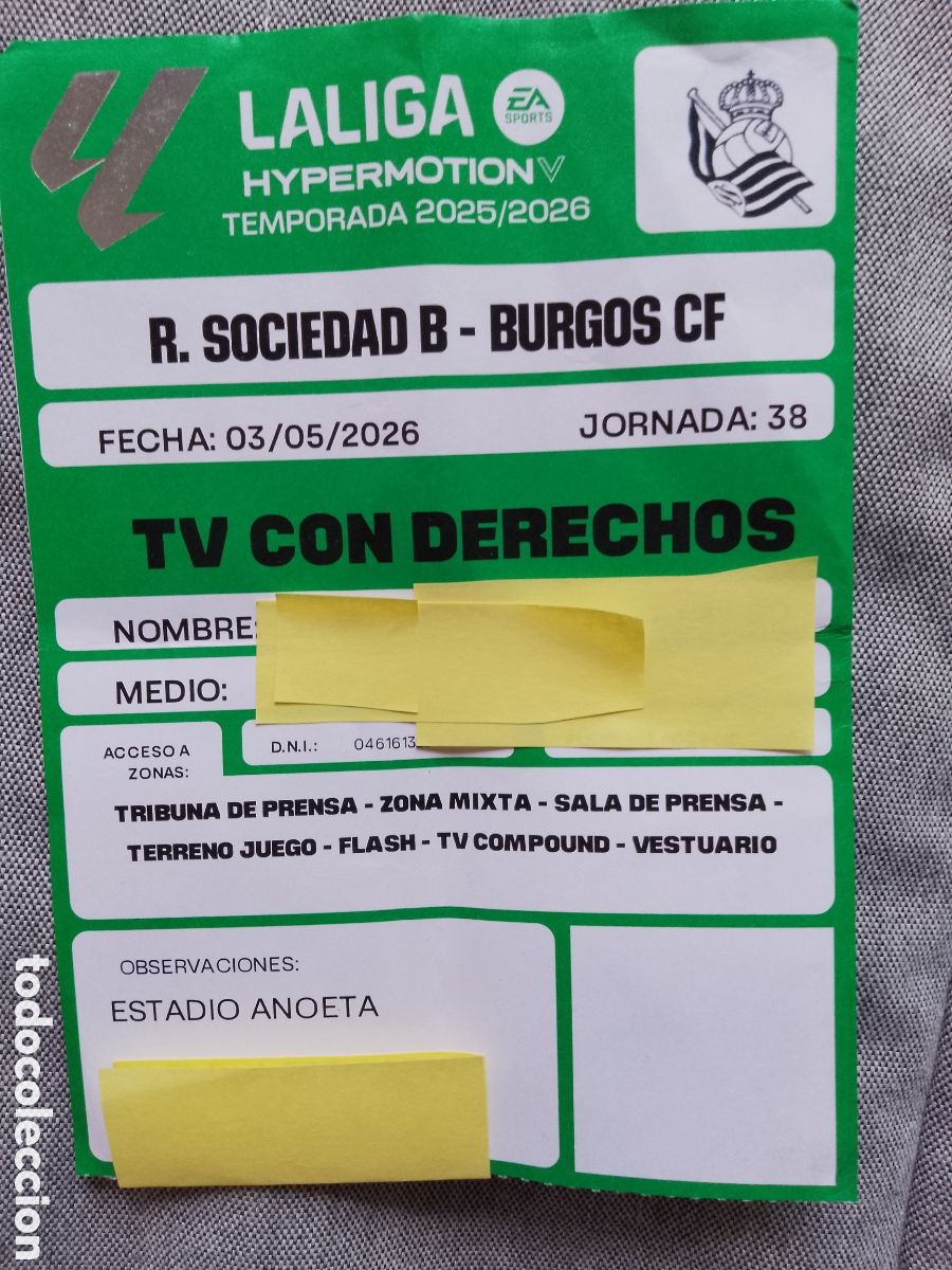 Coleccionismo deportivo: REAL SOCIEDAD B - BURGOS C.F. -LA LIGA LALIGA TEMPORADA 25 26 jornada 28 -ACREDITACI&Oacute;N TV