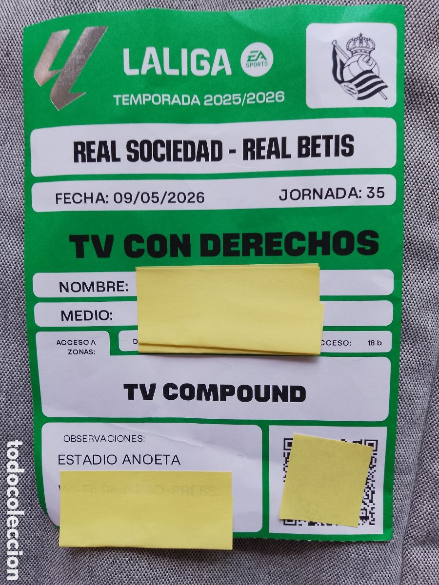 Coleccionismo deportivo: REAL SOCIEDAD - REAL BETIS -LA LIGA LALIGA TEMPORADA 25 26 jornada 35 -ACREDITACI&Oacute;N TV