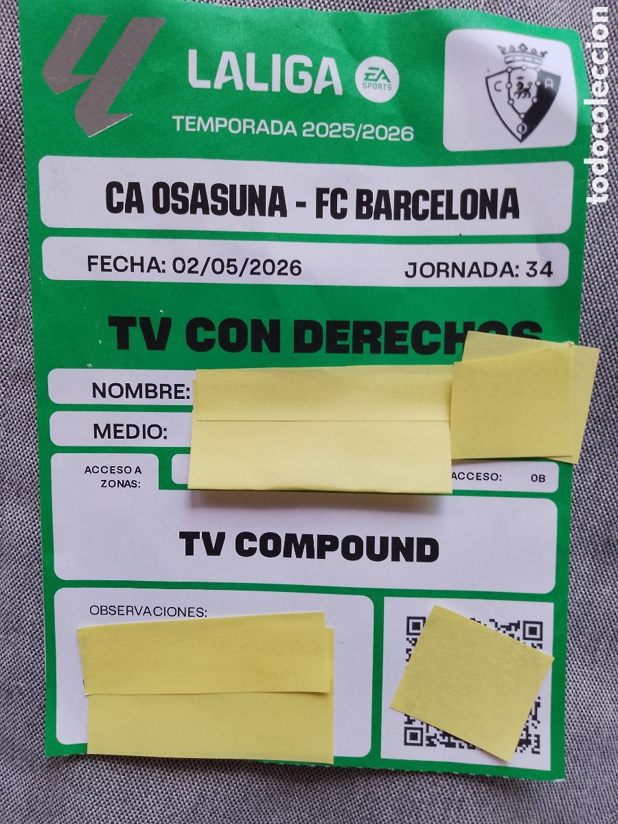 Coleccionismo deportivo: C.A. OSASUNA - F.C. BARCELONA -LA LIGA LALIGA TEMPORADA 25 26 jornada 34 -ACREDITACI&Oacute;N TV