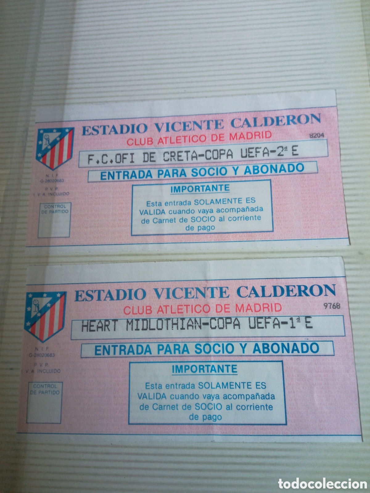 Coleccionismo deportivo: 2 antiguas entradas, Estadio Vicente Calder&oacute;n, Atl&eacute;tico de Madrid, Copa de la UEFA