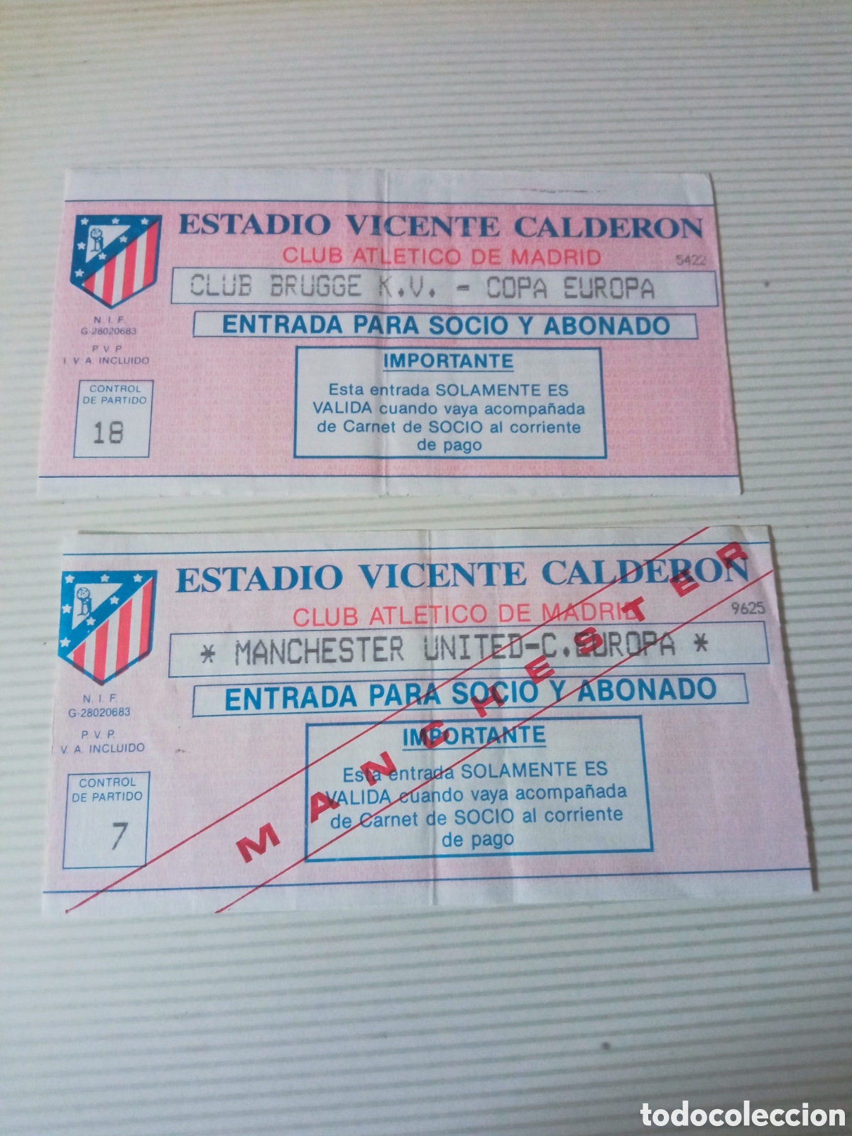 Coleccionismo deportivo: Dos antiguas entradas, Estadio Vicente Calder&oacute;n, Atl&eacute;tico de Madrid Copa de Europa