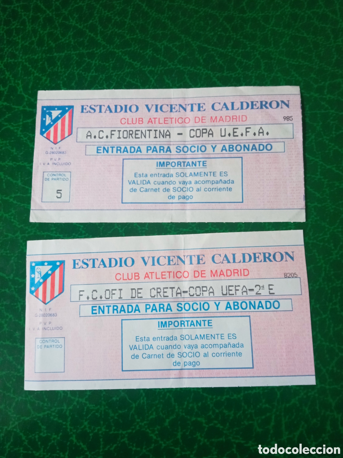 Coleccionismo deportivo: Dos antiguas entradas, Estadio Vicente Calder&oacute;n, Atl&eacute;tico de Madrid, Copa de la UEFA