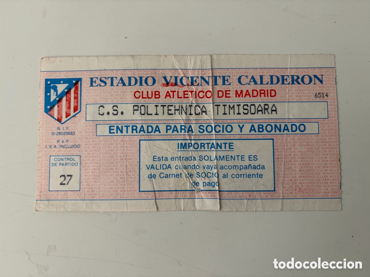 Coleccionismo deportivo: Entrada Atletico de Madrid Polit&eacute;cnica Timisoara 1990 1991 UEFA
