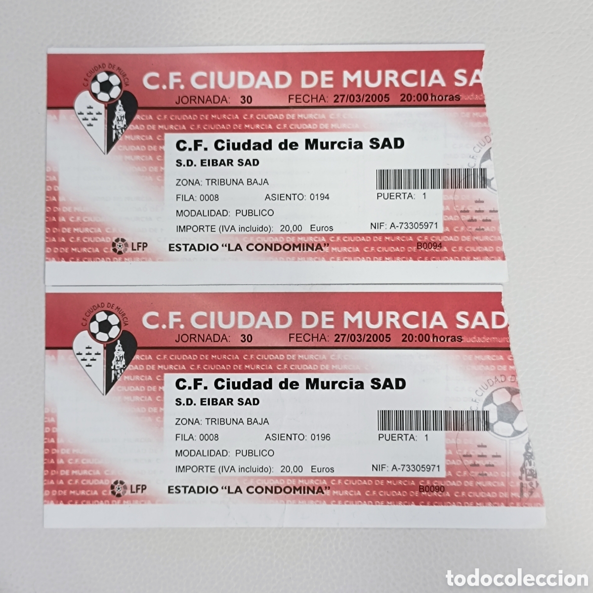 Coleccionismo deportivo: 2 entradas para estadio de &rdquo;La Condomina&rdquo;
