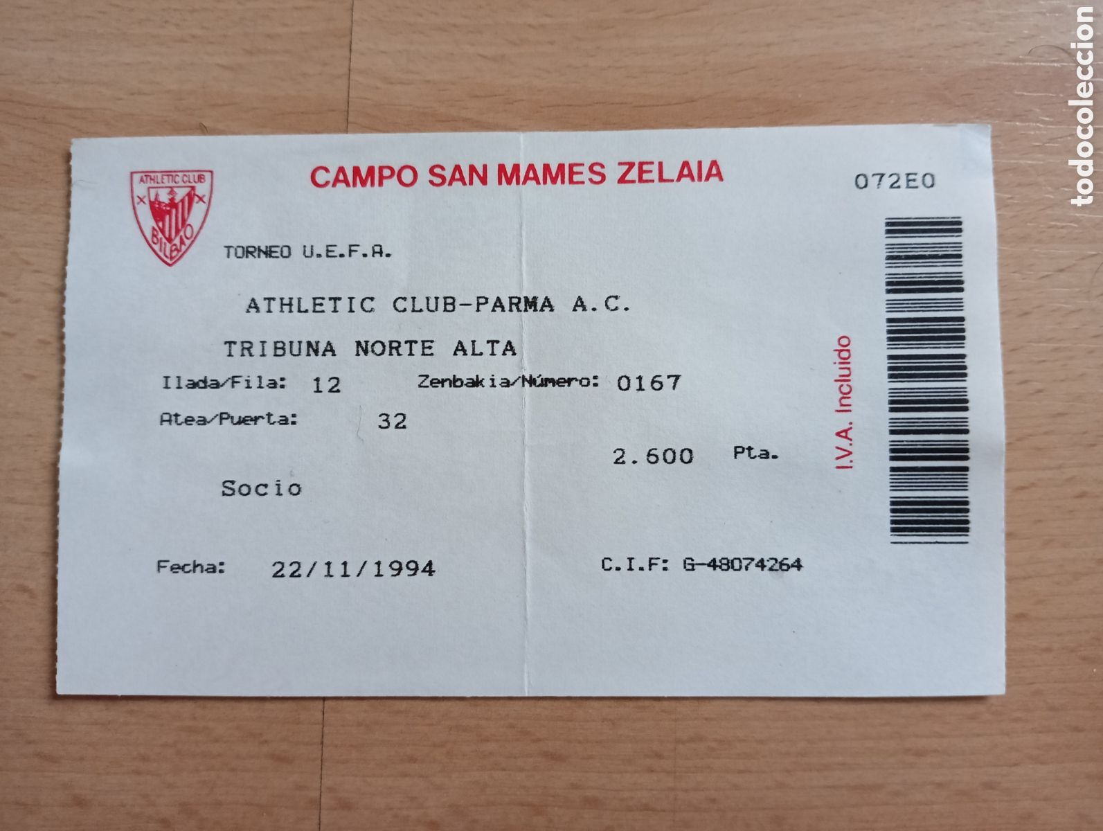 Coleccionismo deportivo: UEFA. ATHLETIC - PARMA. Entrada.1994.