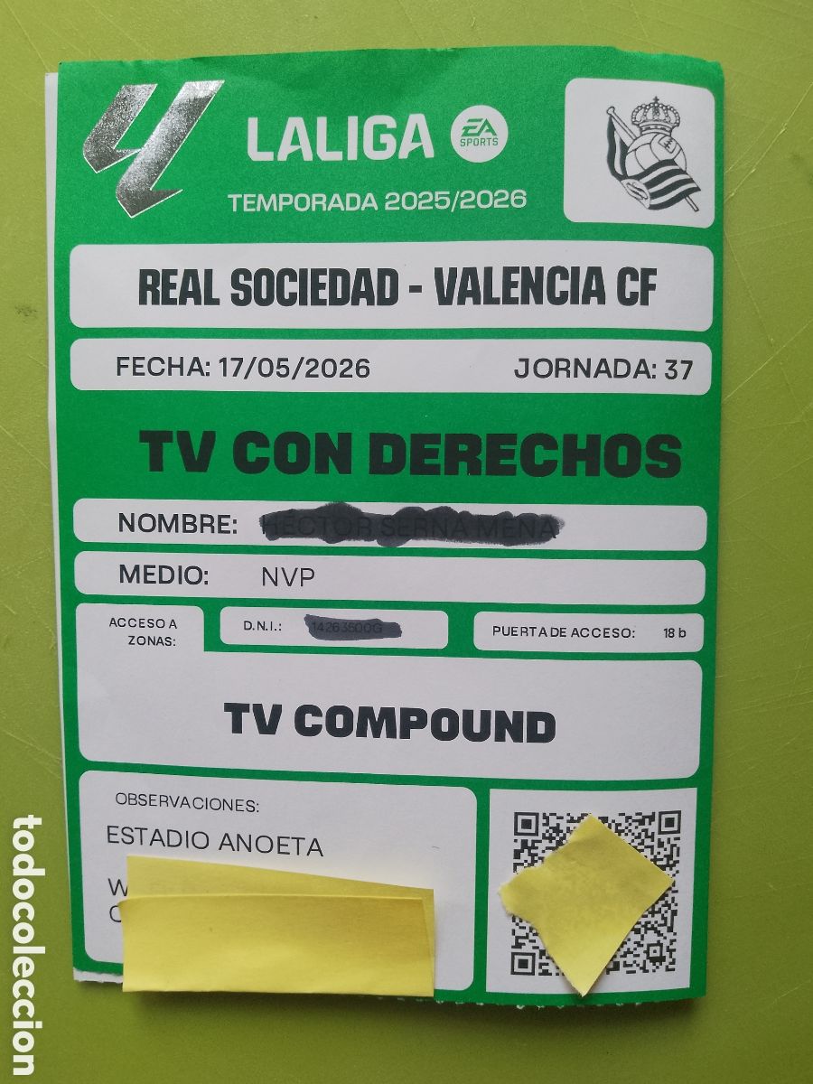 Coleccionismo deportivo: Real Sociedad - Valencia C.F - LA LIGA LALIGA TEMPORADA 25 26 jornada 37 -ACREDITACI&Oacute;N TV