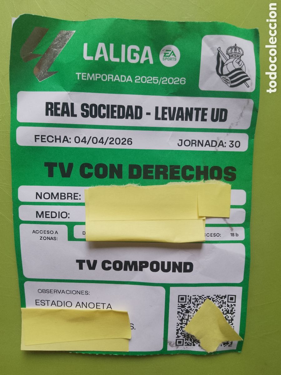 Coleccionismo deportivo: REAL SOCIEDAD - LEVANTE UD - LA LIGA LALIGA TEMPORADA 25 26 jornada 30 -ACREDITACI&Oacute;N TV