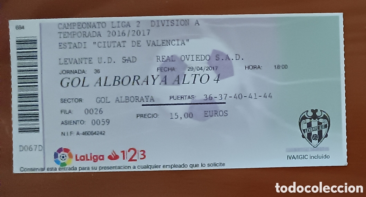 Coleccionismo deportivo: ENTRADA PARTIDO LEVANTE - OVIEDO TEMP 2016 2017
