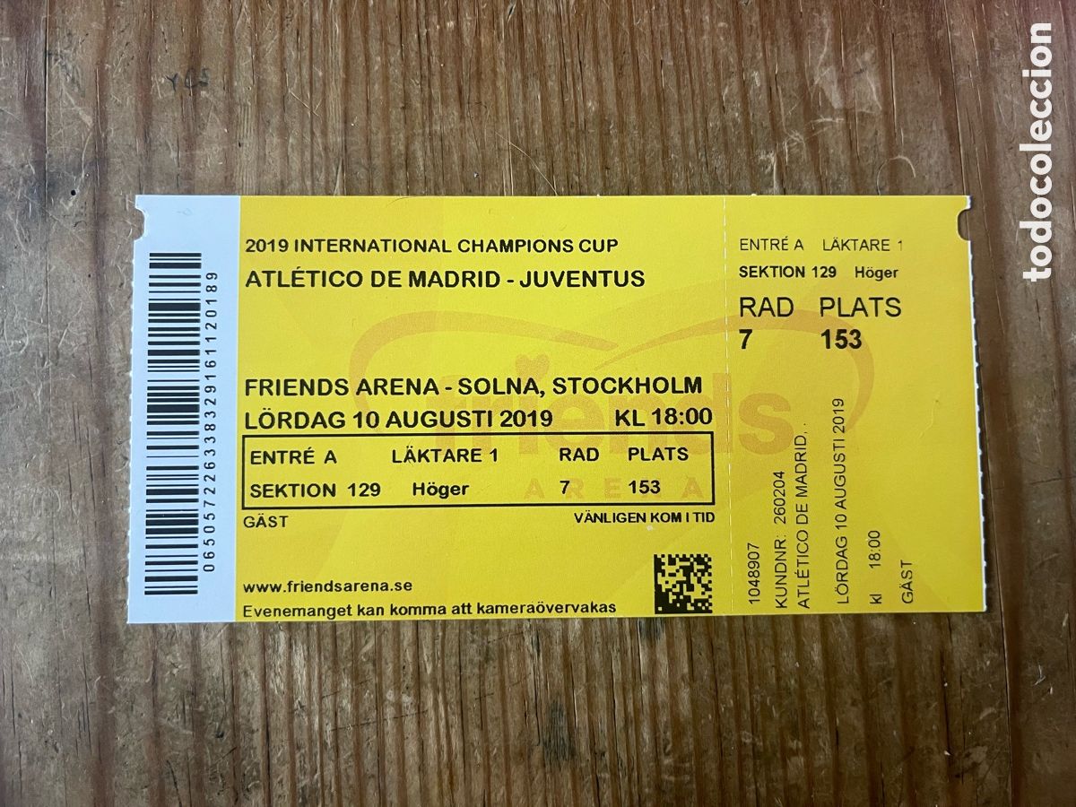 Coleccionismo deportivo: R31881 ENTRADA TICKET ATLETICO MADRID 2-1 JUVENTUS AMISTOSO (10-8-2019) SOLNA INTERNATIONAL CUP
