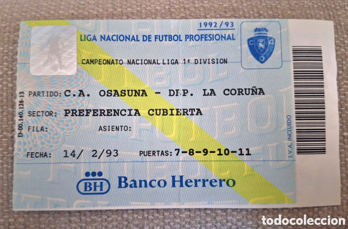 Coleccionismo deportivo: Entrada Osasuna deportivo Coru&ntilde;a 1992 1993