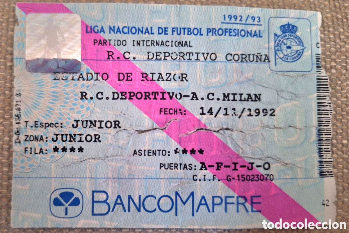 Colecionismo desportivo: Entrada deportivo Coru&ntilde;a Mil&aacute;n 1992