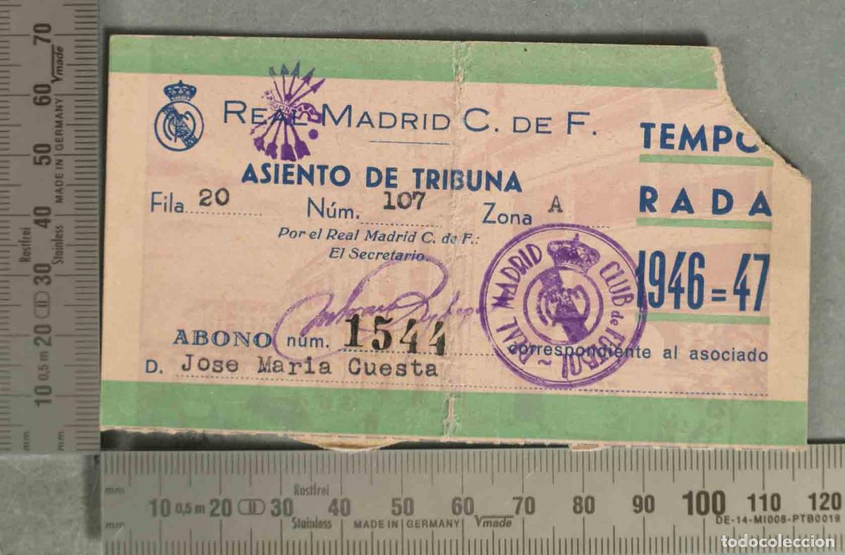 Coleccionismo deportivo: ABONO. RELA MADRID. ASIENTO DE TRIBUNA. TEMPORADA 1946-47