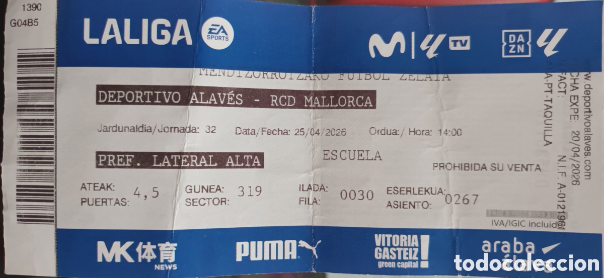 Coleccionismo deportivo: ENTRADA CD ALAV&Eacute;S VS RCD MALLORCA