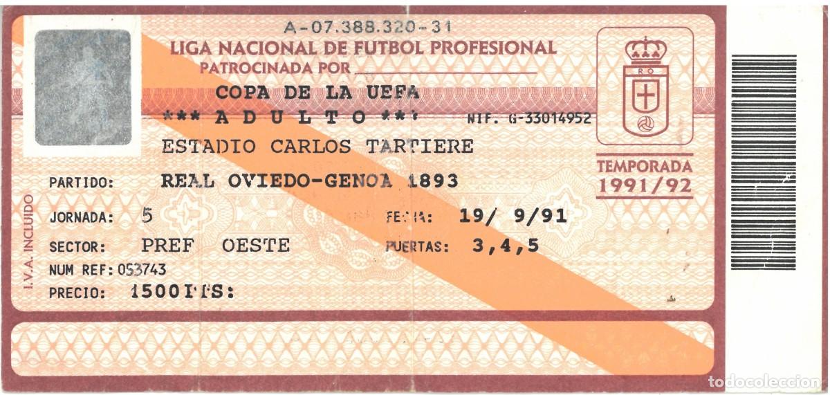 Coleccionismo deportivo: ENTRADA REAL OVIEDO vs G&Eacute;NOVA COPA UEFA 1991-92