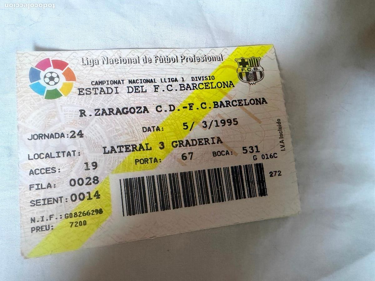 Coleccionismo deportivo: Entrada de f&uacute;tbol Zaragoza Barcelona estadi 1995