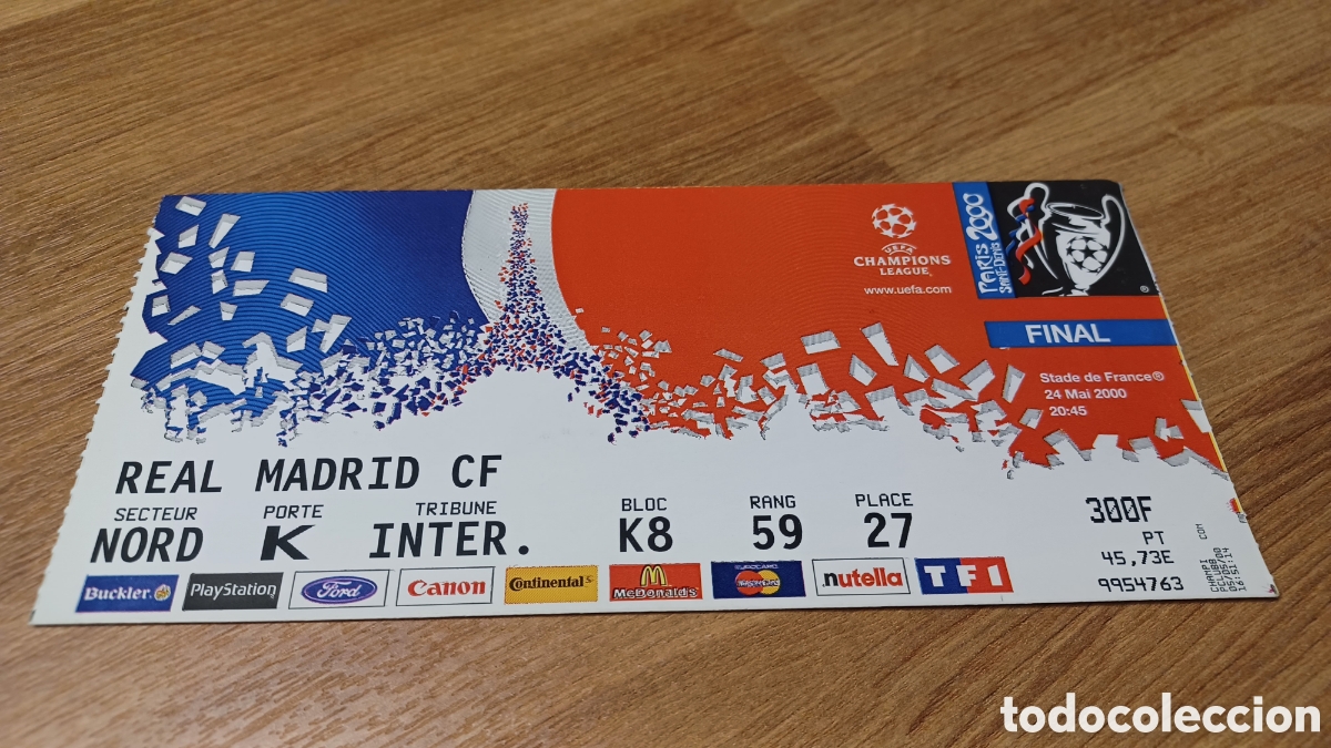 Sports collectibles: ENTRADA REAL MADRID FINAL PARIS A&Ntilde;O 2000