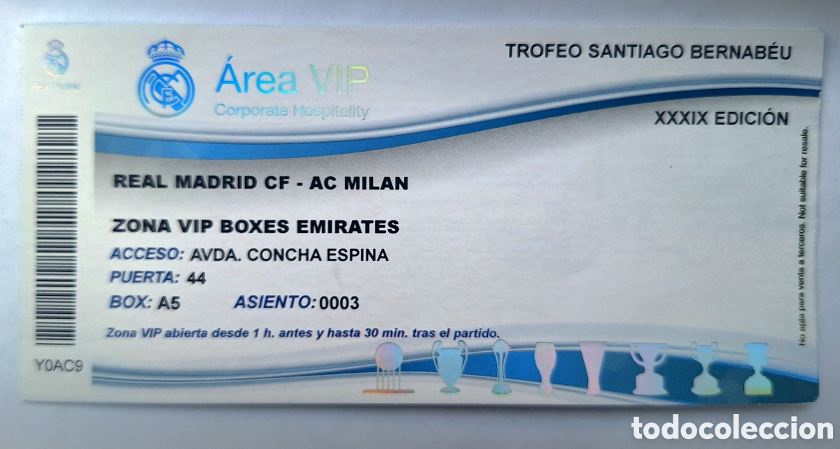 Coleccionismo deportivo: Entrada XXXIX Trofeo Bernab&eacute;u Real Madrid Mil&aacute;n