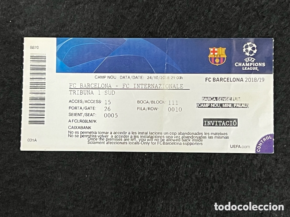 Coleccionismo deportivo: ENTRADA FC BARCELONA INTER INTERNAZIONALE MILAN CHAMPIONS LEAGUE 2018-2019 18-19 24/10/2018