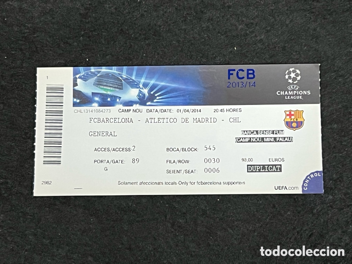Coleccionismo deportivo: ENTRADA FC BARCELONA ATL&Eacute;TICO DE MADRID CHAMPIONS LEAGUE 2013-2014 13-14 F&Uacute;TBOL 1/4 FINAL 01/04/2014