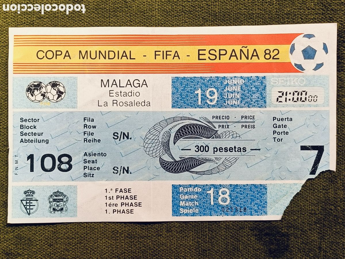 Coleccionismo deportivo: ENTRADA DE FUTBOL ESTADIO LA ROSALEDA MALAGA A&Ntilde;O 1982 COPA MUNDIAL FIFA ESPA&Ntilde;A 82 , 19 JUNIO