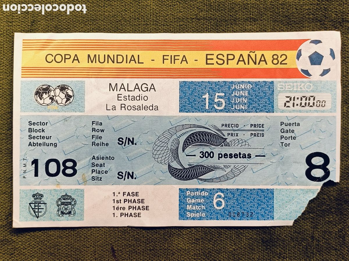 Coleccionismo deportivo: ENTRADA DE FUTBOL ESTADIO LA ROSALEDA MALAGA A&Ntilde;O 1982 COPA MUNDIAL FIFA ESPA&Ntilde;A 82 , 15 JUNIO