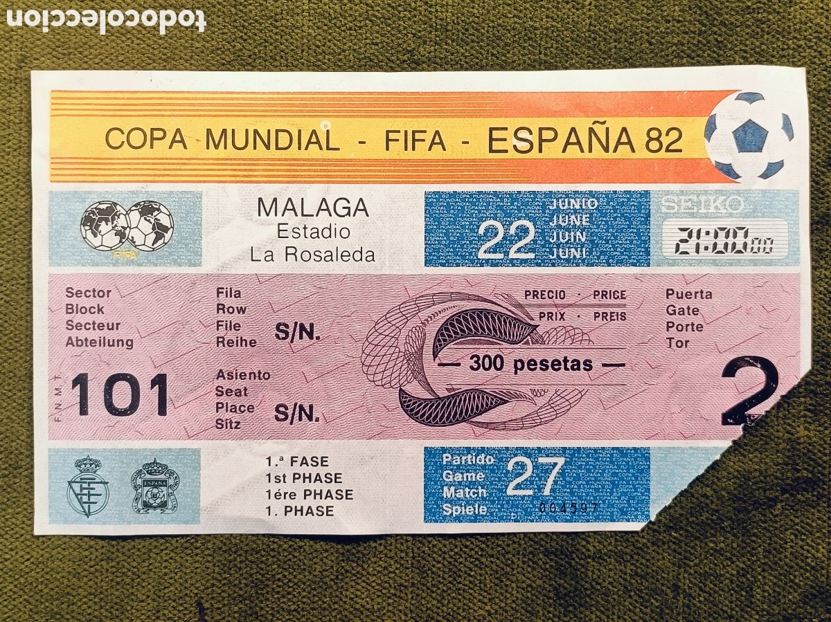 Coleccionismo deportivo: ENTRADA DE FUTBOL ESTADIO LA ROSALEDA MALAGA A&Ntilde;O 1982 COPA MUNDIAL FIFA ESPA&Ntilde;A 82 , 22 JUNIO