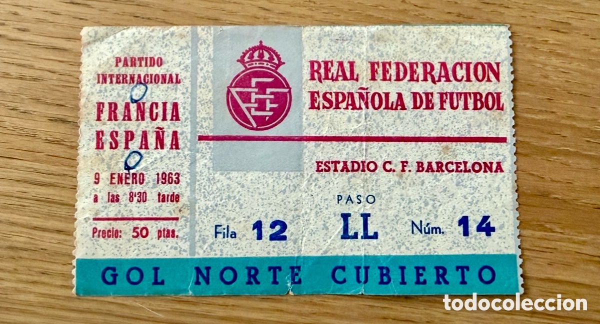 Coleccionismo deportivo: Entrada ticket Espa&ntilde;a-Francia 09-01-1963 Camp Nou Partido Internacional