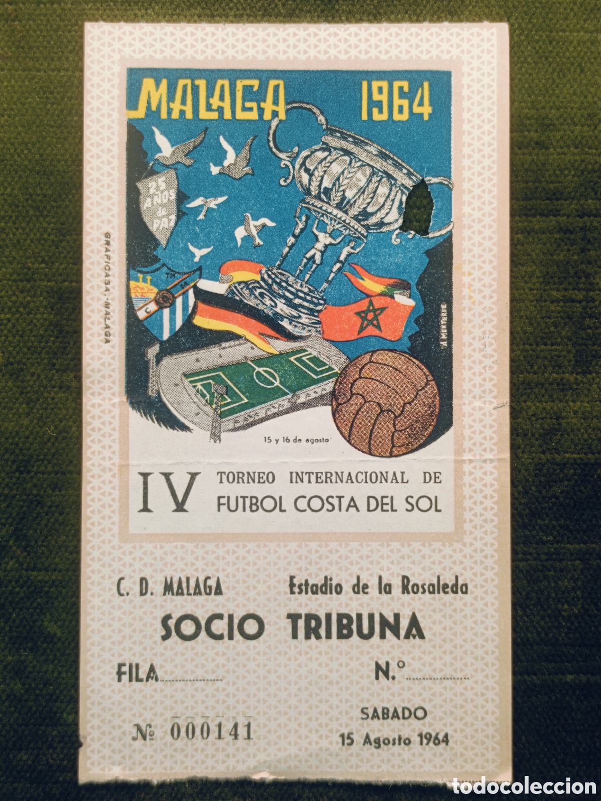 Coleccionismo deportivo: ENTRADA IV TORNEO INTERNACIONAL DE FUTBOL COSTA DEL SOL . A&Ntilde;O 1964. MALAGA