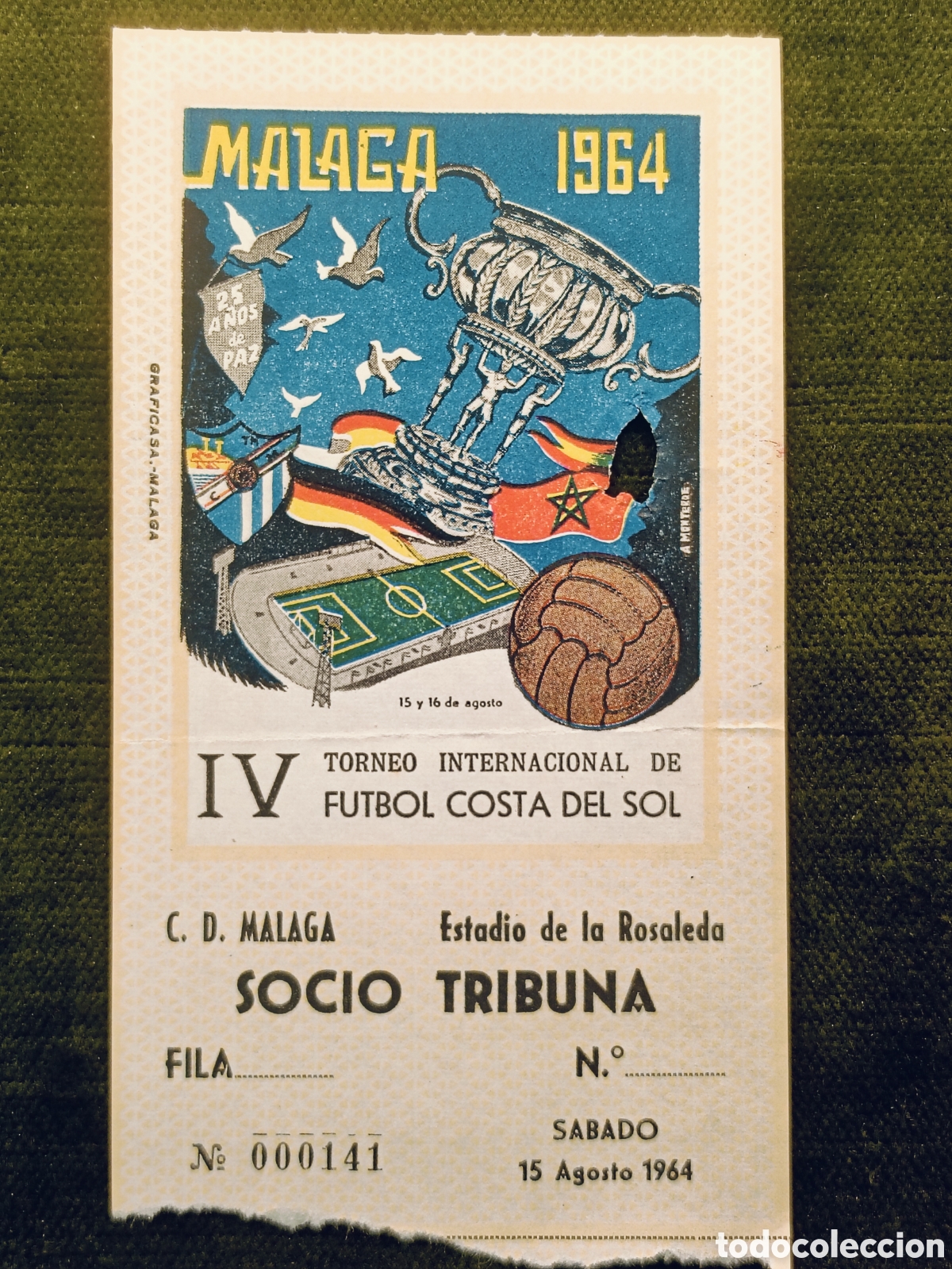 Coleccionismo deportivo: ENTRADA IV TORNEO INTERNACIONAL DE FUTBOL COSTA DEL SOL . A&Ntilde;O 1964. MALAGA