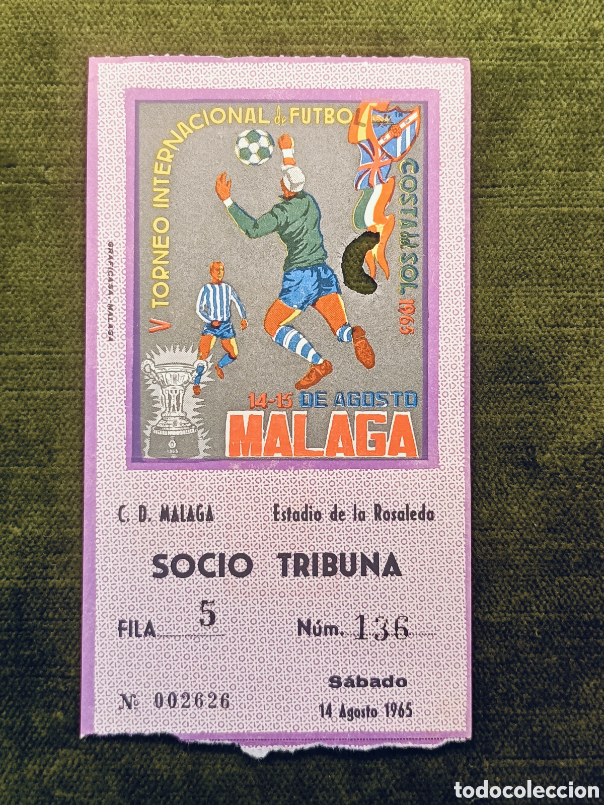Coleccionismo deportivo: ENTRADA V TORNEO INTERNACIONAL DE FUTBOL COSTA DEL SOL . A&Ntilde;O 1965. MALAGA