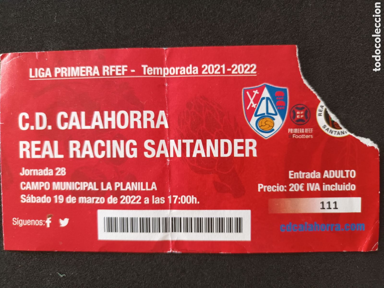 Coleccionismo deportivo: ENTRADA CD CALAHORRA VS R. RACING SANTANDER