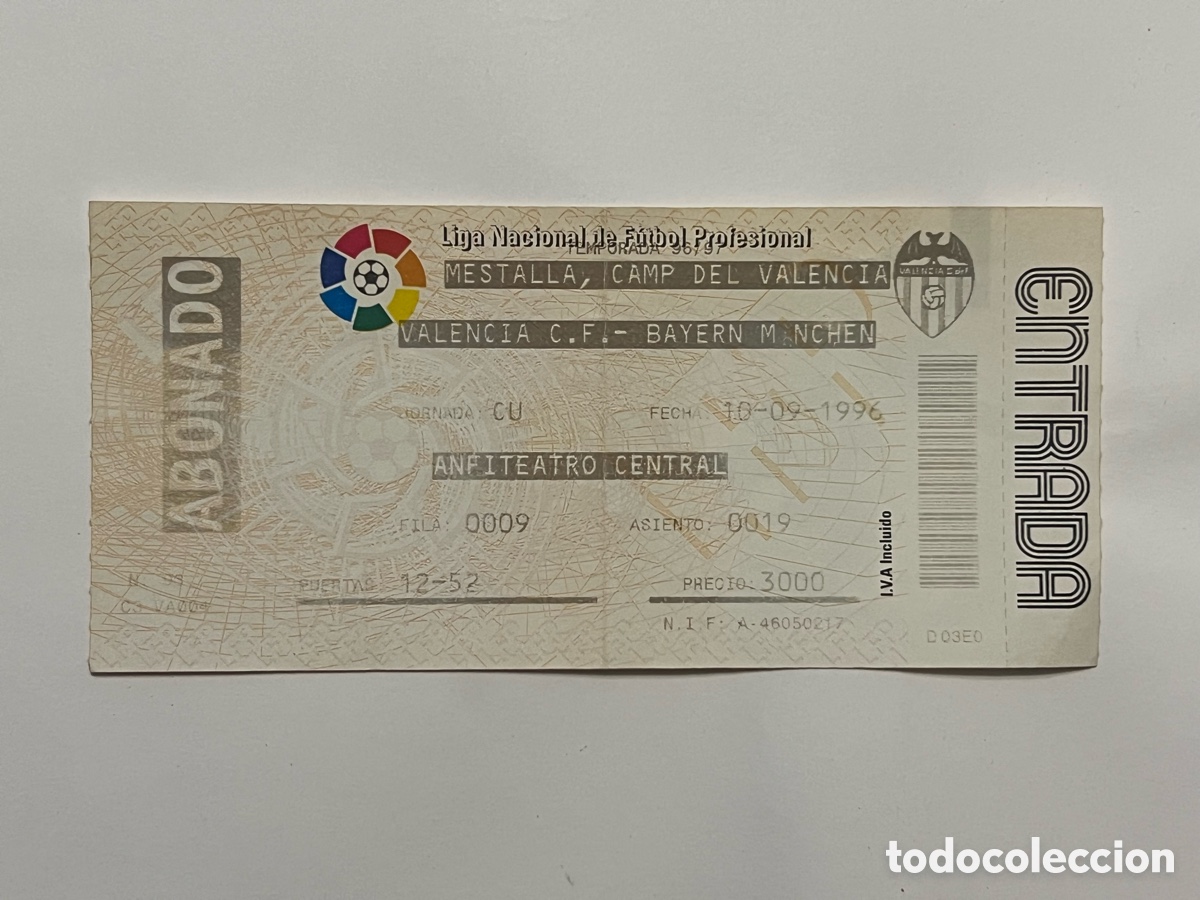 Coleccionismo deportivo: MESTALLA Entrada F&uacute;tbol. Copa de la UEFA. VALENCIA C.F. BAYERN MUNICH.. 10-09-1996