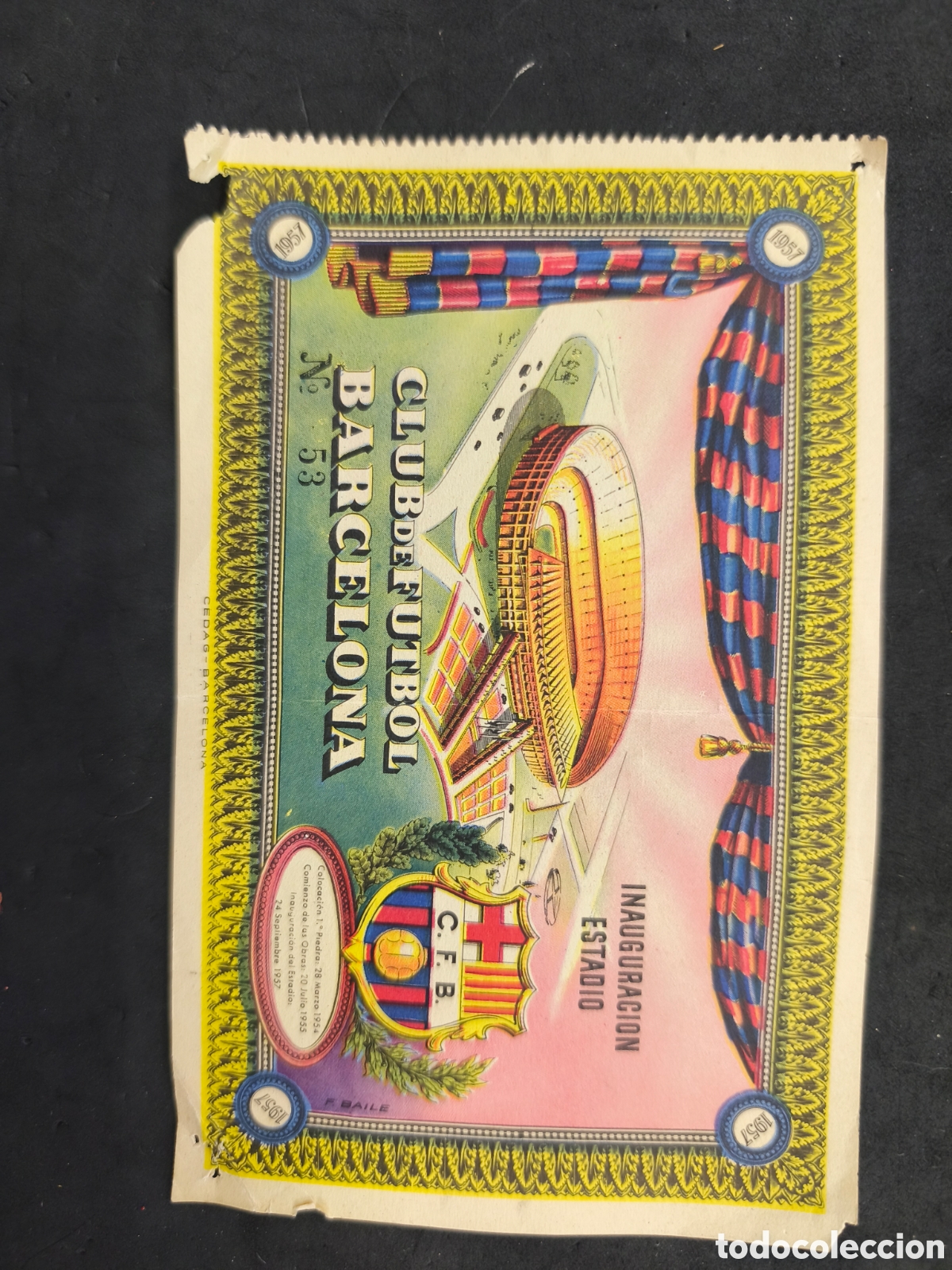Coleccionismo deportivo: ENTRADA TICKET FUTBOL INAUGURACION ESTADIO NOU CAMP BARCELONA 1957