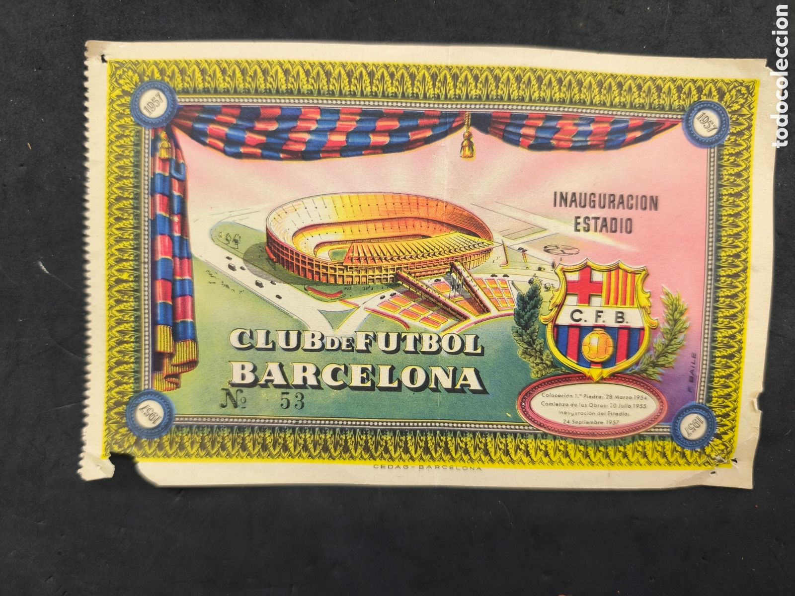 Coleccionismo deportivo: ENTRADA TICKET FUTBOL INAUGURACION ESTADIO NOU CAMP BARCELONA 1957