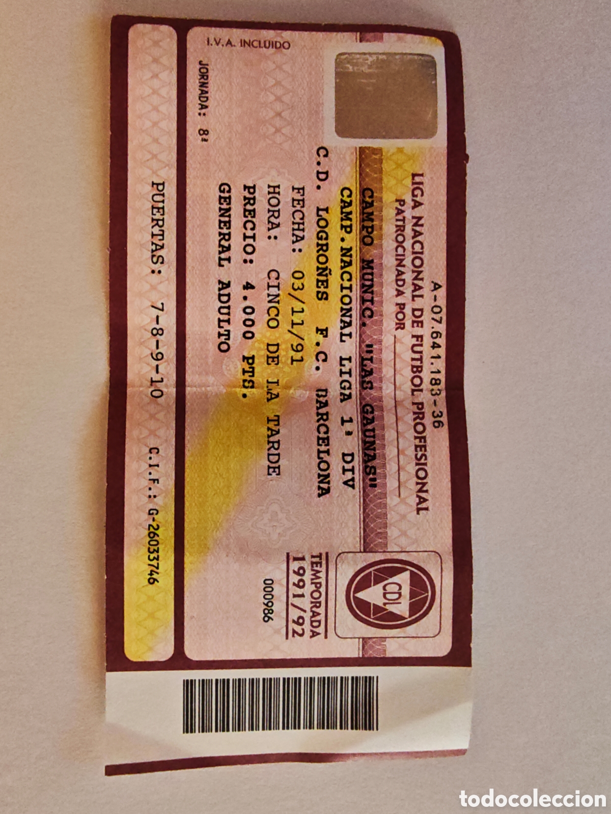 Coleccionismo deportivo: entrada - logro&ntilde;es - barcelona - las gaunas - 1991 - tdk296p