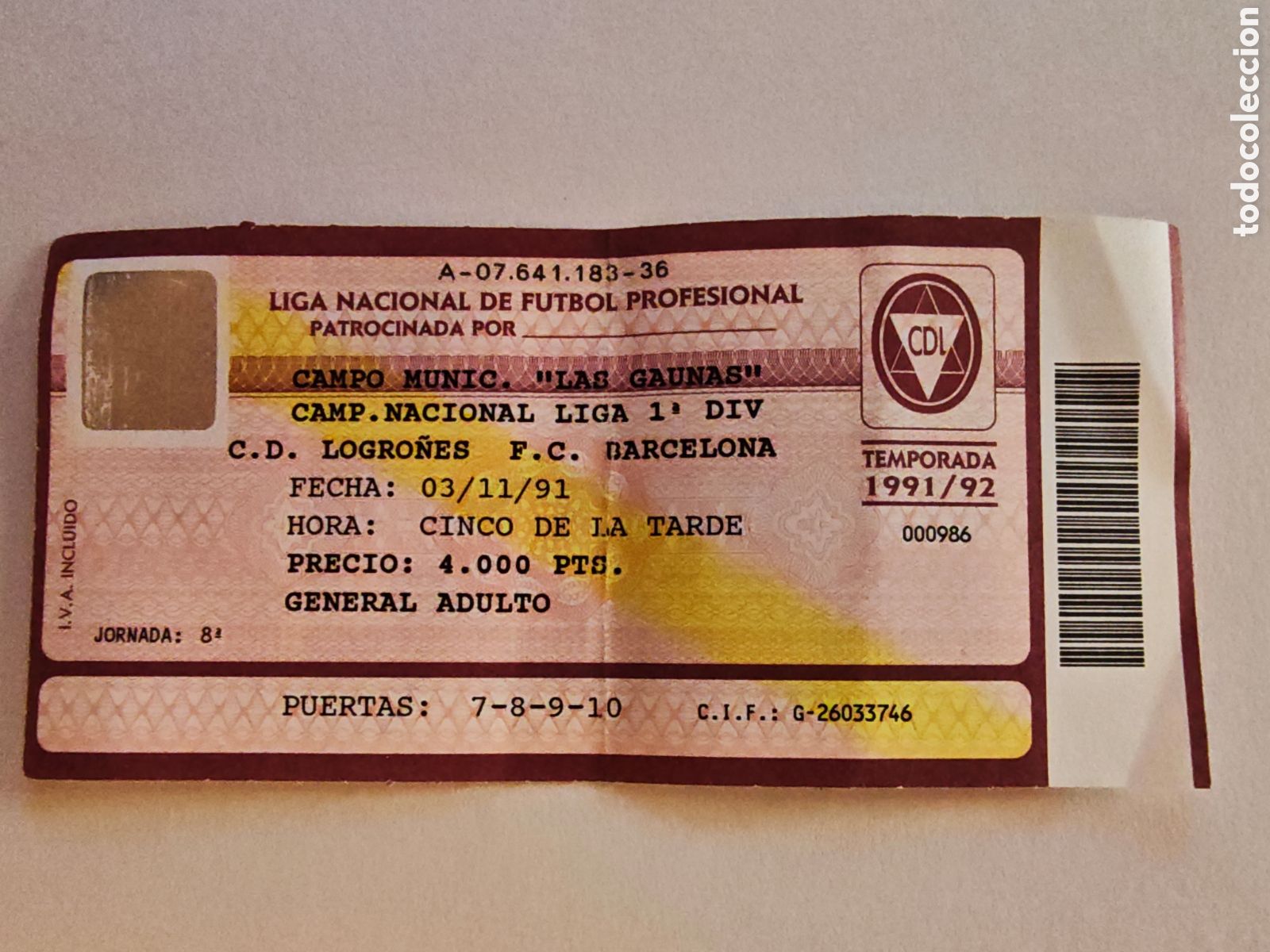 Coleccionismo deportivo: entrada - logro&ntilde;es - barcelona - las gaunas - 1991 - tdk296p