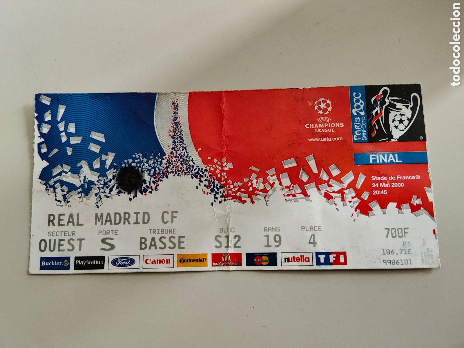 Coleccionismo deportivo: Ticket entrada a partido final Champions league futbol a&ntilde;o 2000 Real Madrid Valencia C.F.