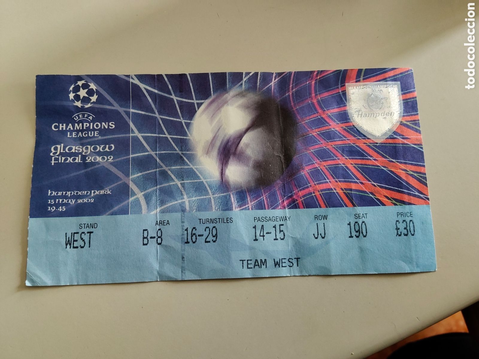 Coleccionismo deportivo: Ticket entrada a partido final Champions league futbol a&ntilde;o 2002 Real Madrid Bayern Leverkusen